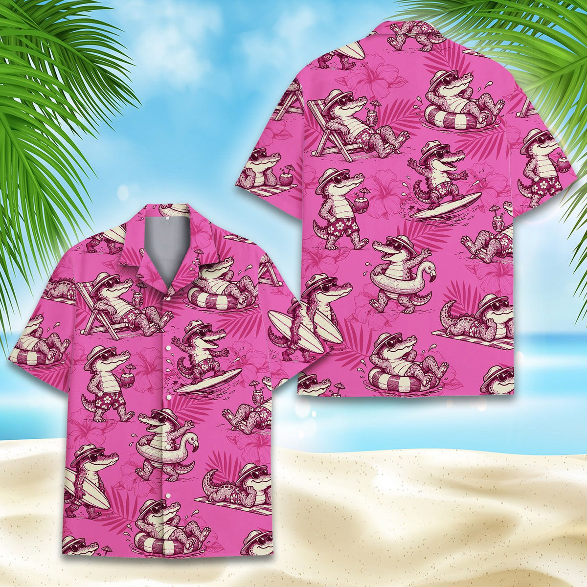 Front view of the tropical alligator hawaiian shirt in pink