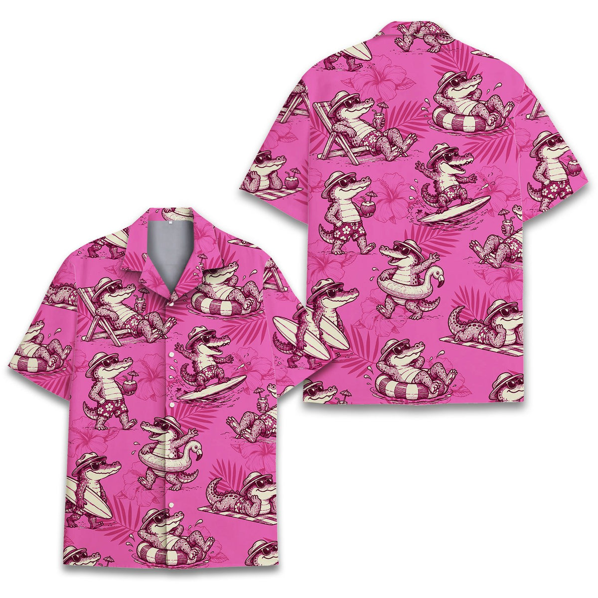 Another front view of the pink tropical alligator hawaiian shirt