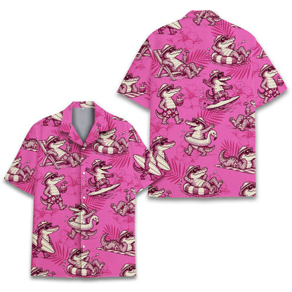 Another front view of the pink tropical alligator hawaiian shirt