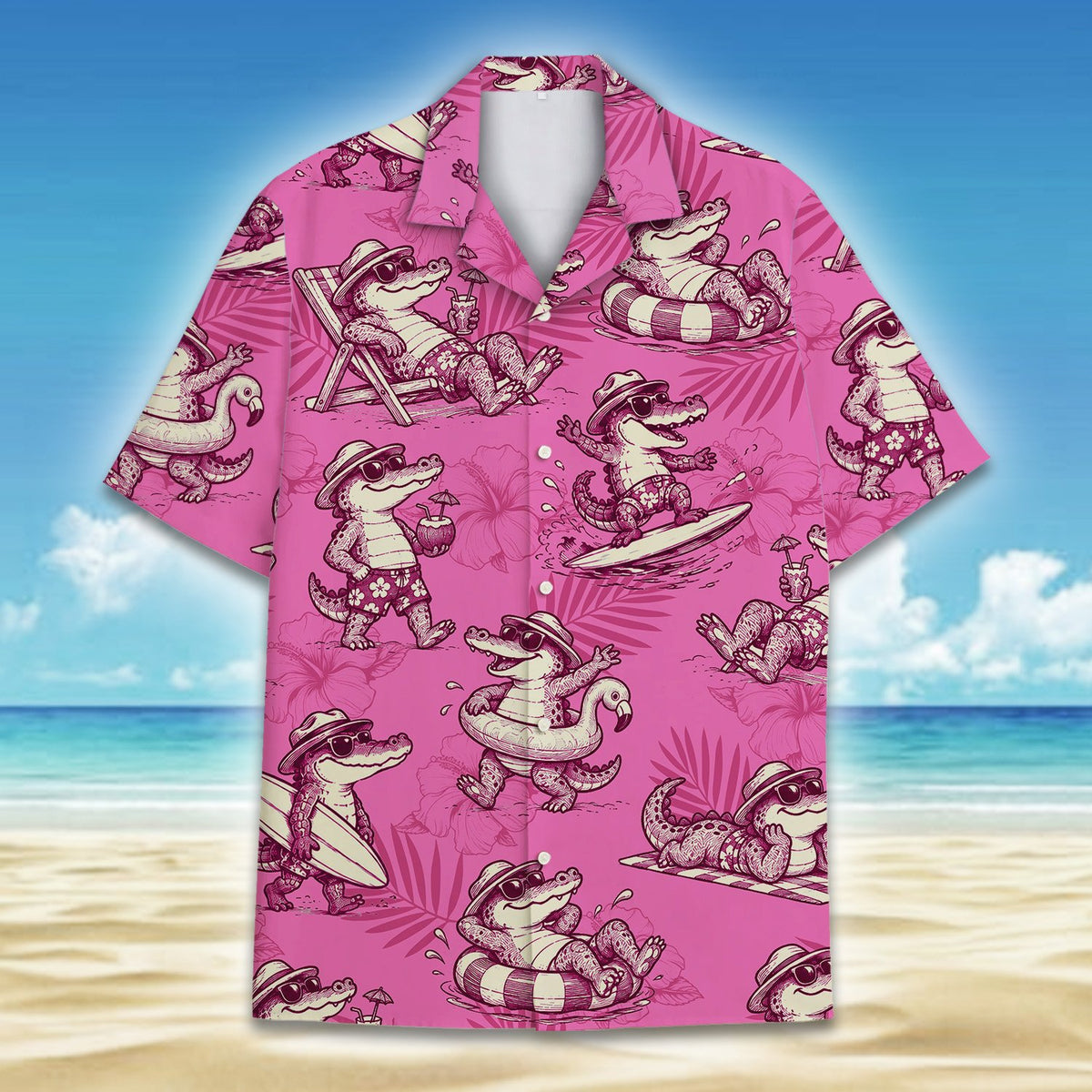 Detailed front view of the pink tropical alligator hawaiian shirt