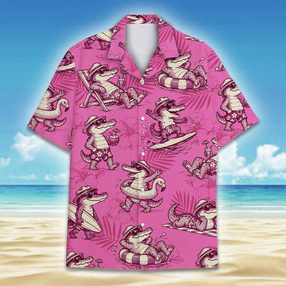 Detailed front view of the pink tropical alligator hawaiian shirt