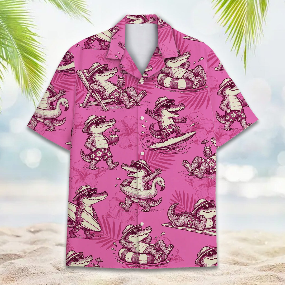 Close up detail of the pink tropical alligator hawaiian shirt fabric