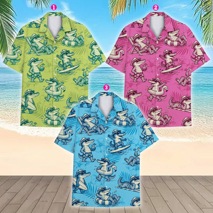 Close up detail of the blue tropical alligator hawaiian shirt fabric