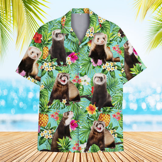 Main view of the light blue tropical animal hawaiian shirt featuring ferrets and pineapples