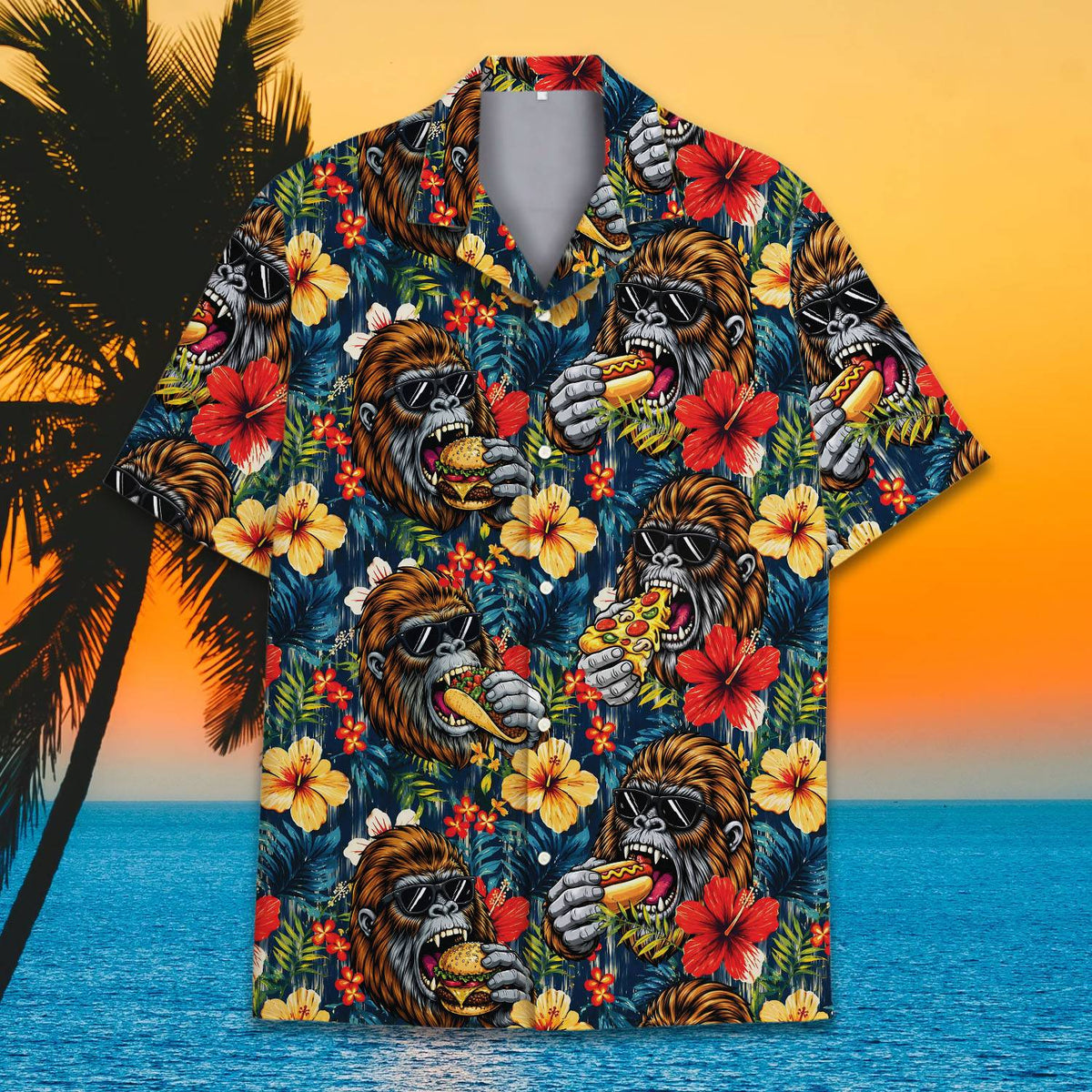 Close-up front view of the tropical ape hawaiian shirt