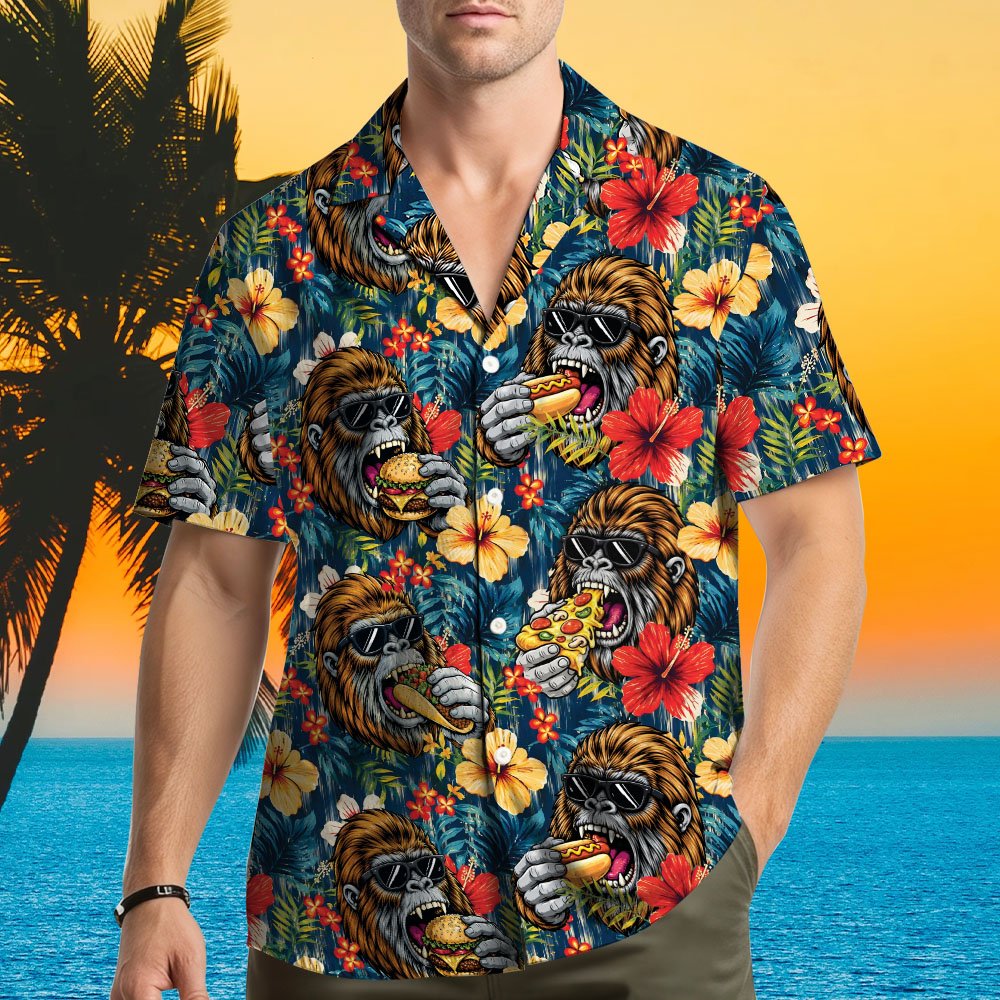 Front view of the tropical ape hawaiian shirt with fast food and hibiscus details