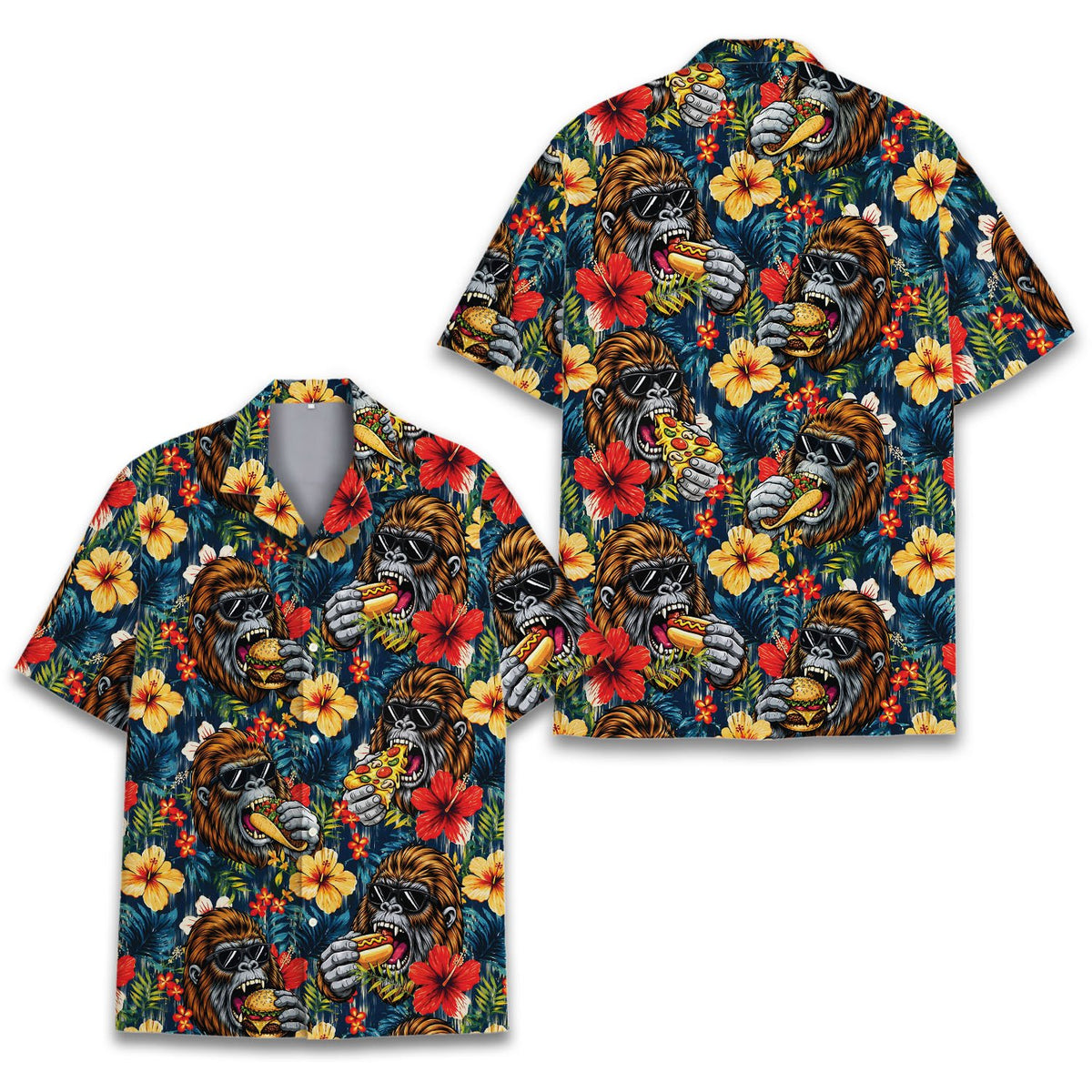Detail view of the tropical ape hawaiian shirt fabric and print