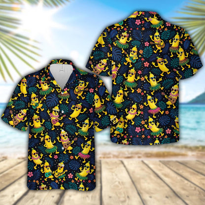 Banana hawaiian shirt featuring cartoon bananas and tropical leaves on a navy background, main view
