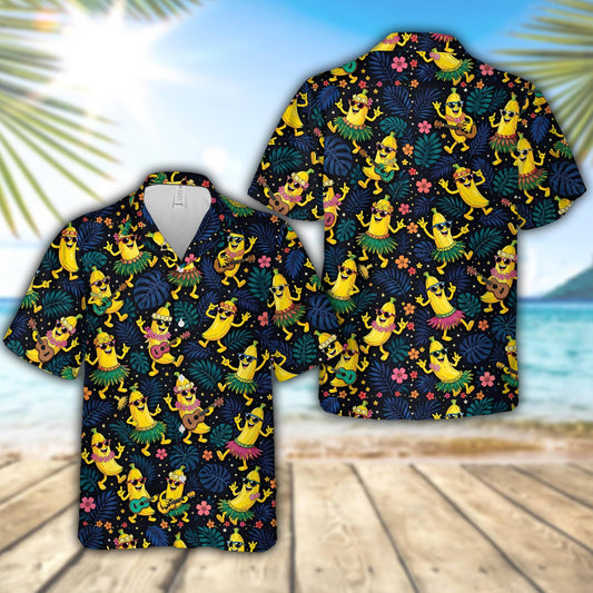 Banana hawaiian shirt featuring cartoon bananas and tropical leaves on a navy background, main view