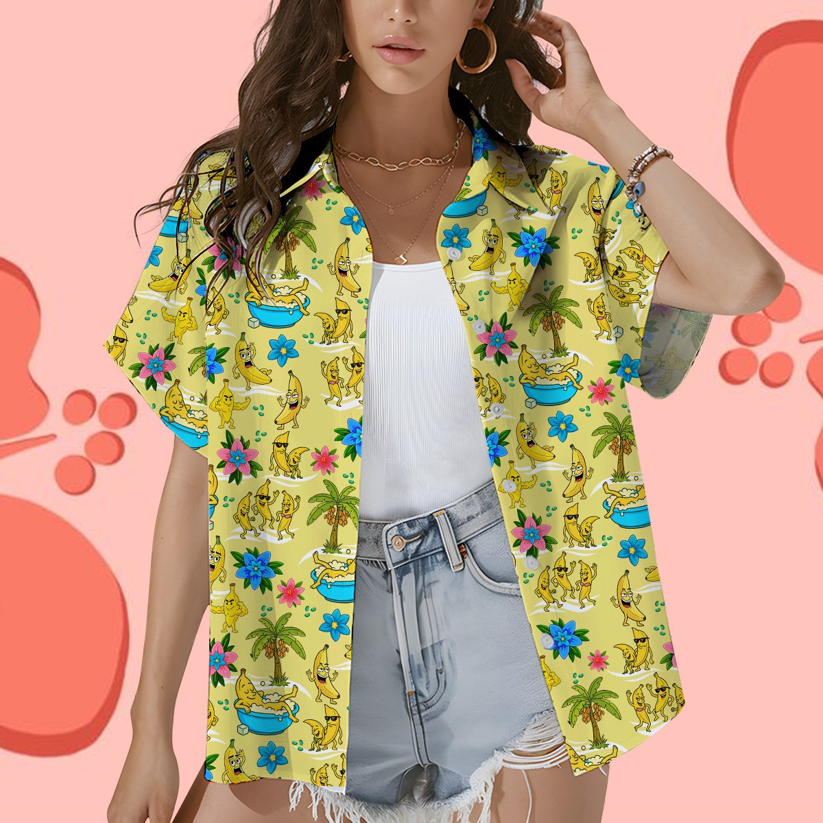 Front detail view highlighting the cartoon banana print on the hawaiian shirt