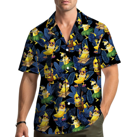 Tropical banana hawaiian shirt featuring playful bananas on a black background, main view