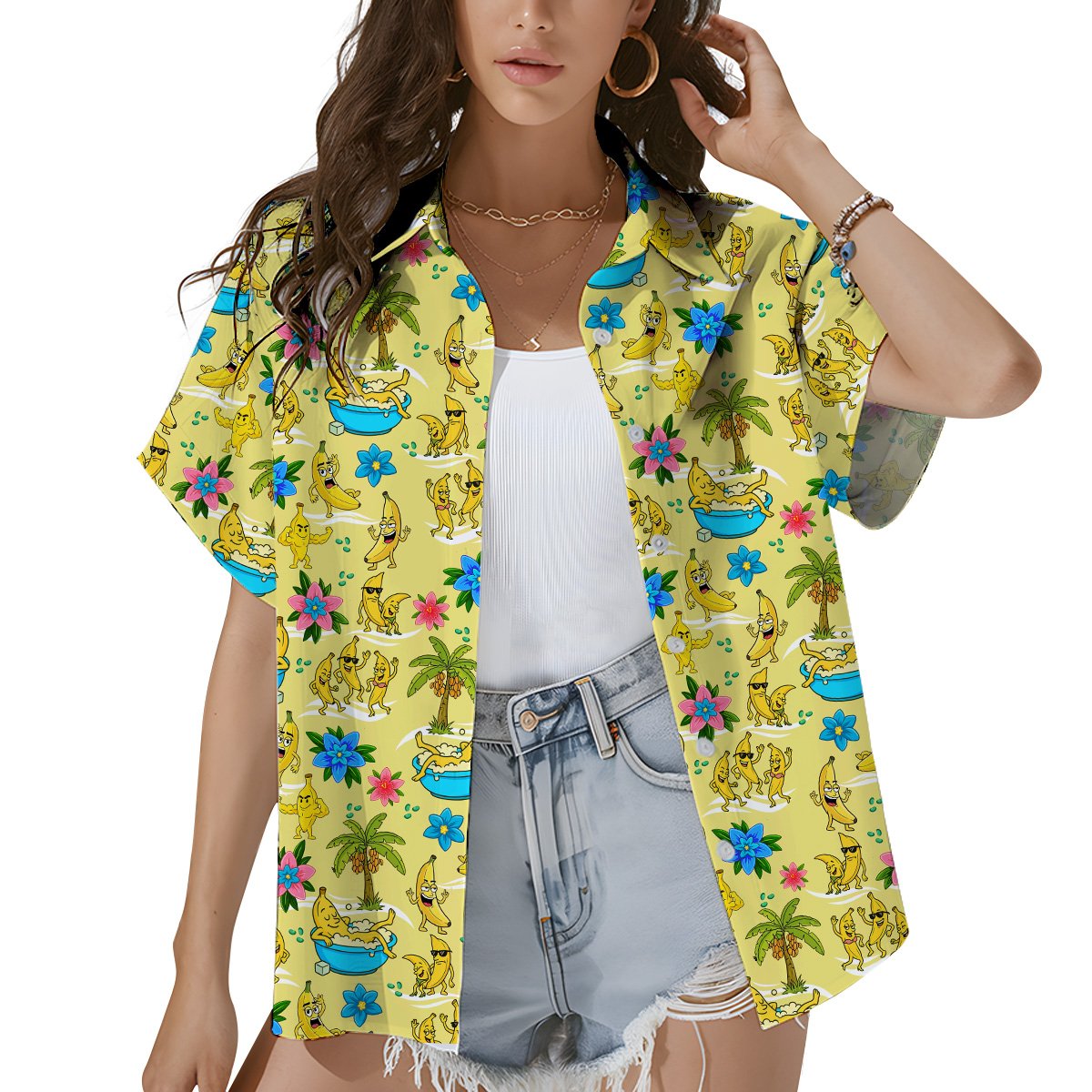 Main view of the tropical banana hawaiian shirt with cartoon bananas on a yellow background