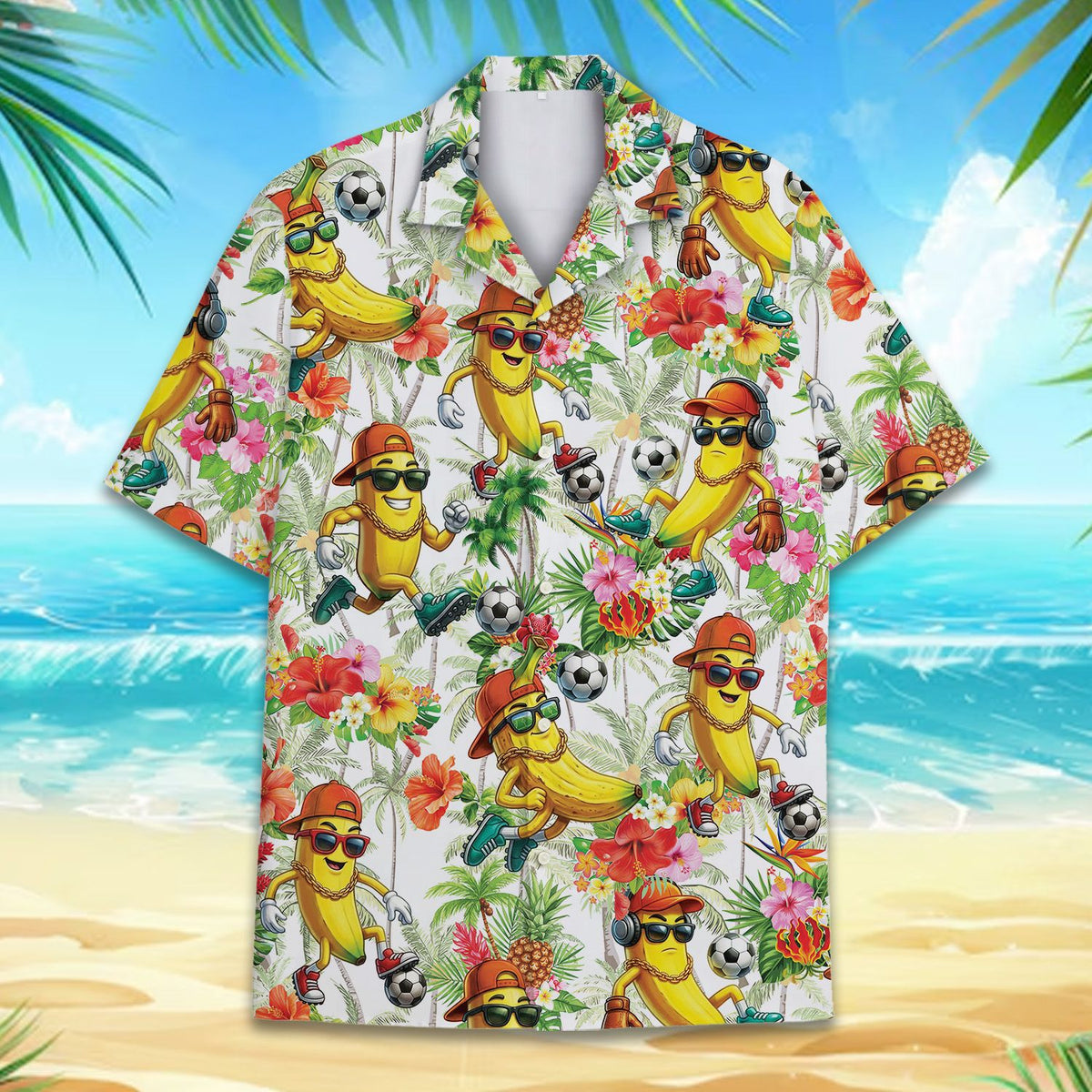 Second front view of the banana soccer print hawaiian shirt