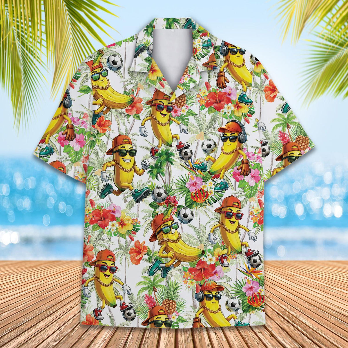 Main view of the tropical banana soccer hawaiian shirt featuring soccer-playing bananas