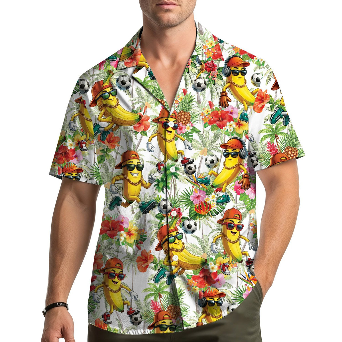 Lifestyle view of someone wearing the tropical banana soccer hawaiian shirt