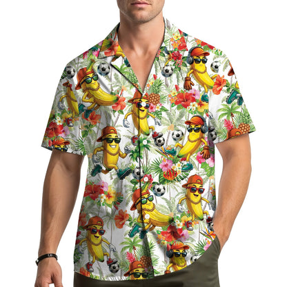 Lifestyle view of someone wearing the tropical banana soccer hawaiian shirt