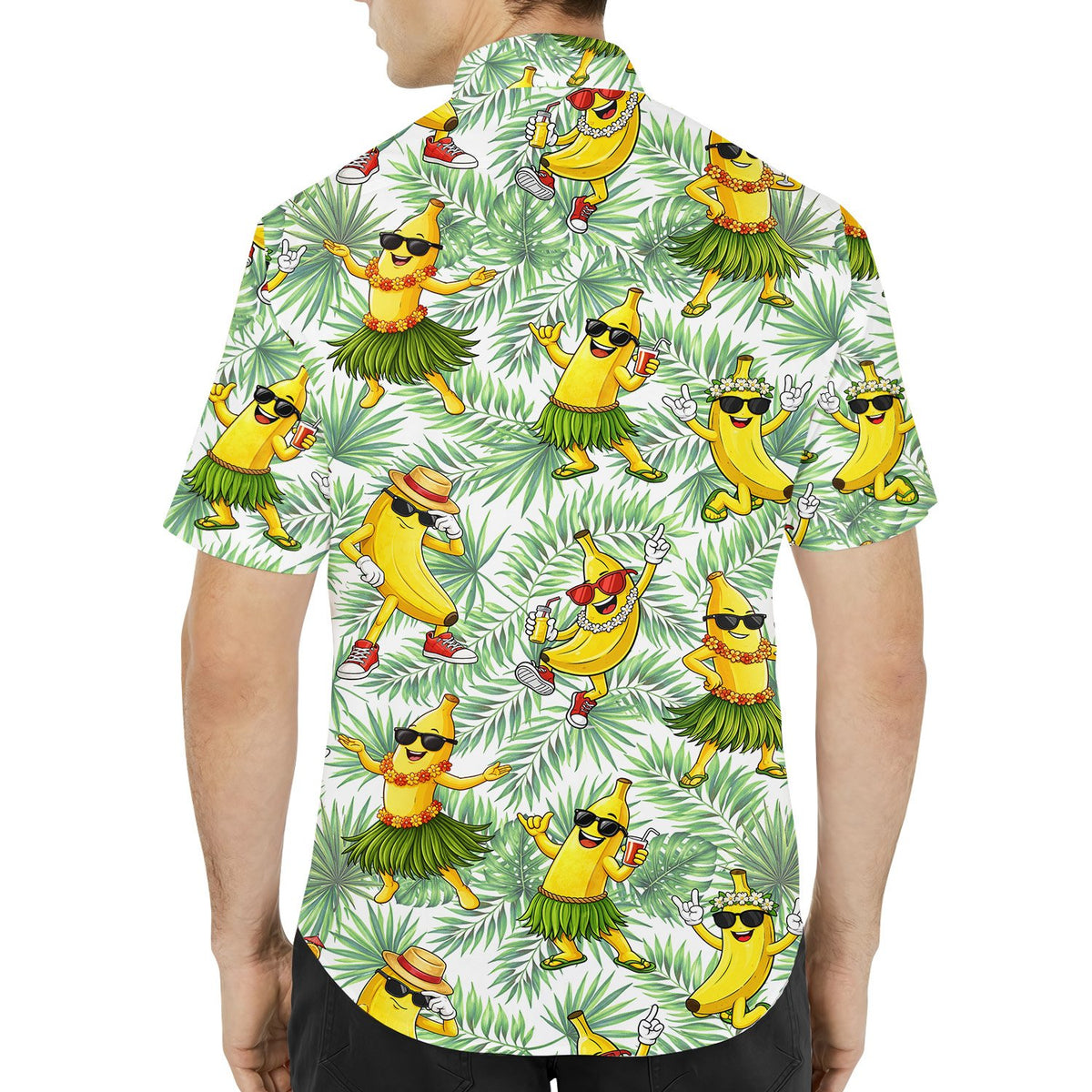 Back view of the tropical banana hawaiian shirt showing the continuous palm leaf pattern