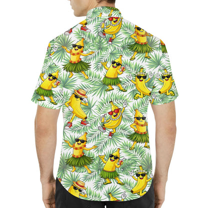 Back view of the tropical banana hawaiian shirt showing the continuous palm leaf pattern