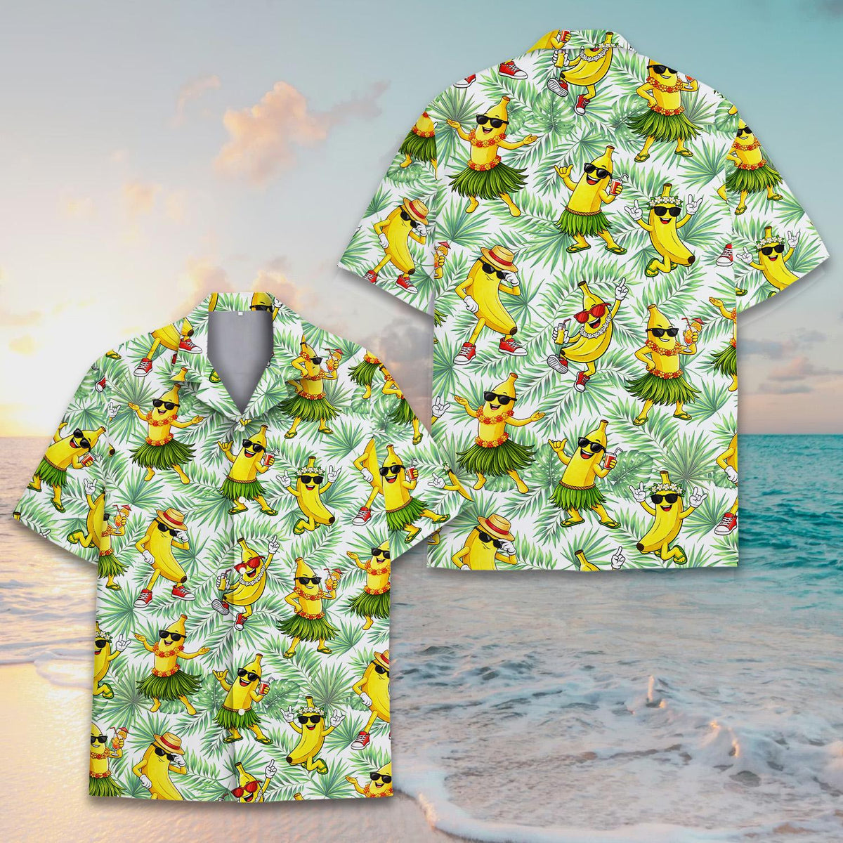 Another front view of the tropical banana hawaiian shirt on a white base