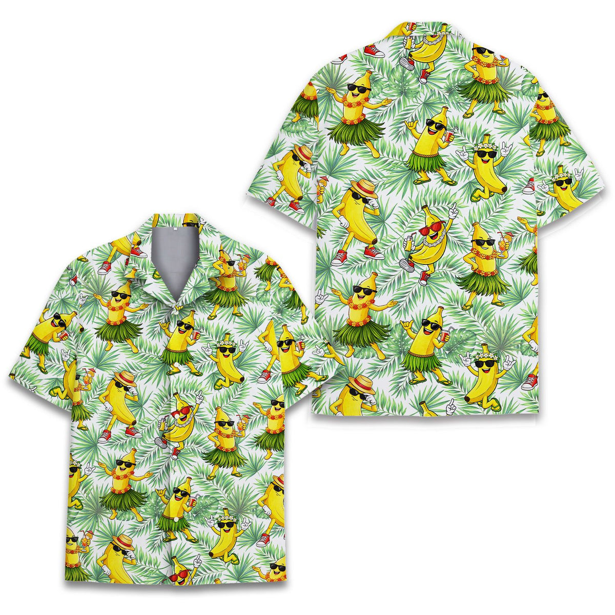 Detailed front view showing the button-down style and tropical banana design