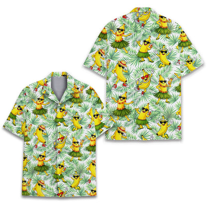 Detailed front view showing the button-down style and tropical banana design
