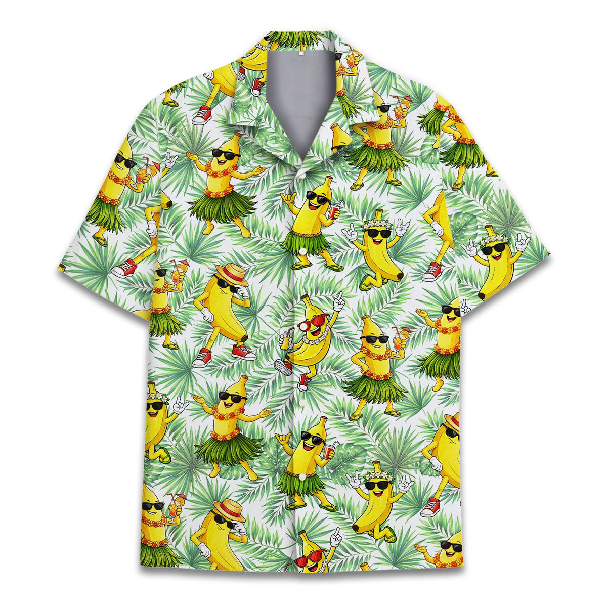 Close-up front view of the green and yellow tropical banana print