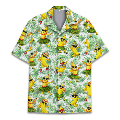 Close-up front view of the green and yellow tropical banana print