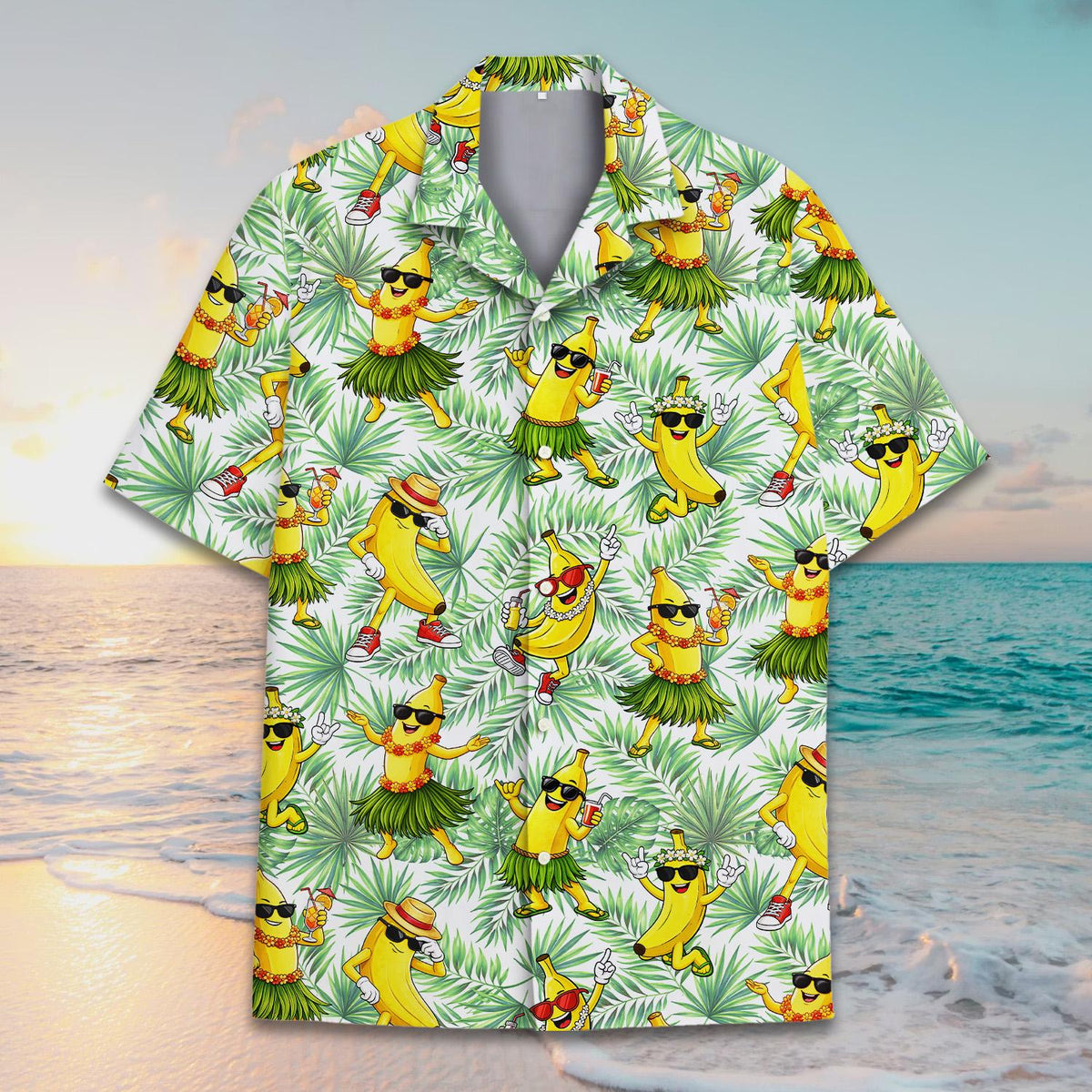 Main view of the tropical banana hawaiian shirt featuring cartoon bananas and palm leaves