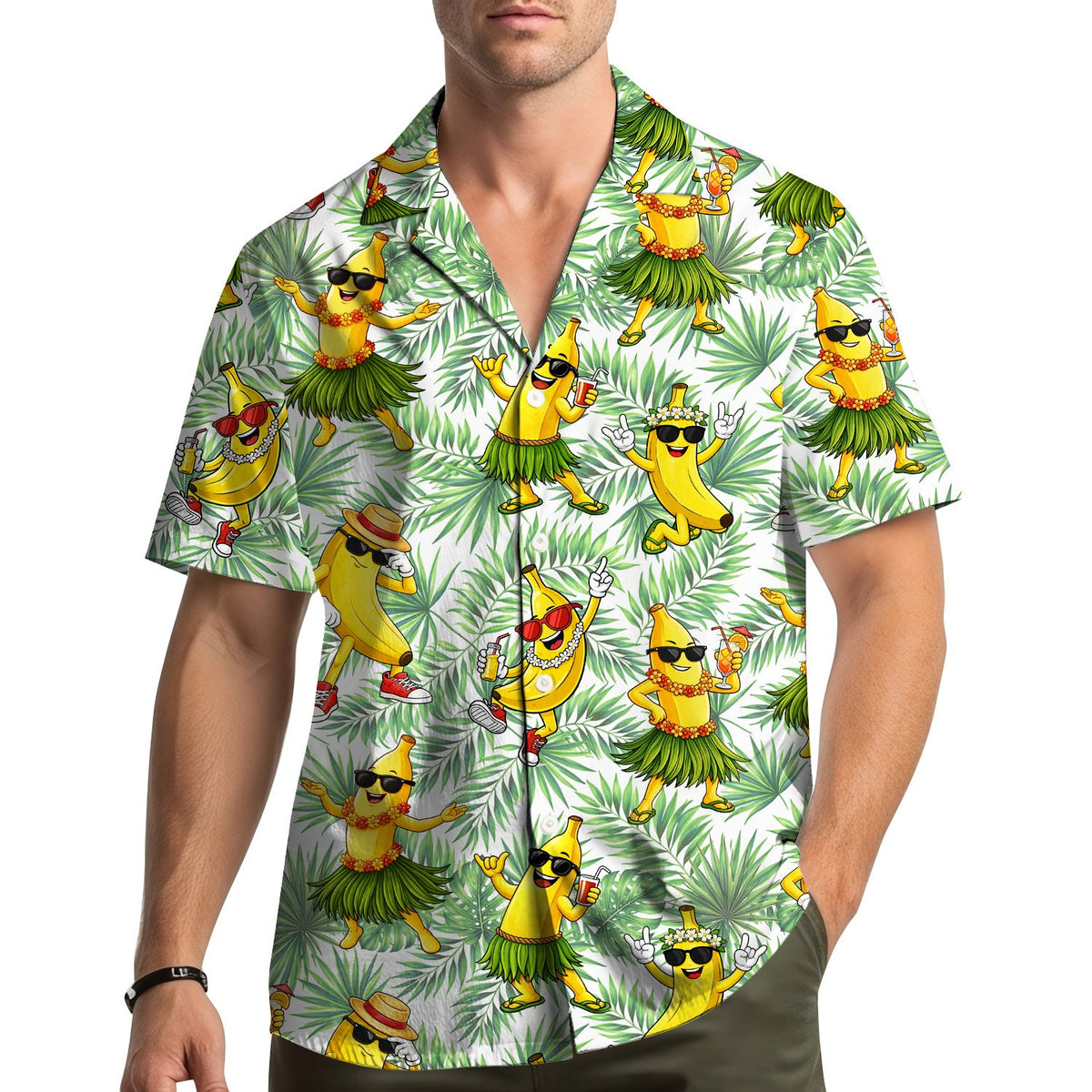 Lifestyle view of a family wearing matching tropical banana hawaiian shirts outdoors