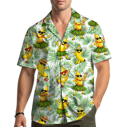 Lifestyle view of a family wearing matching tropical banana hawaiian shirts outdoors
