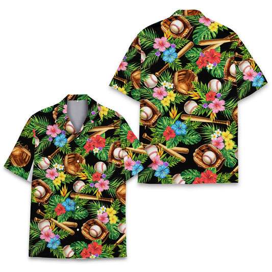 Tropical baseball hawaiian shirt with vibrant floral and sports print on a black background, main view