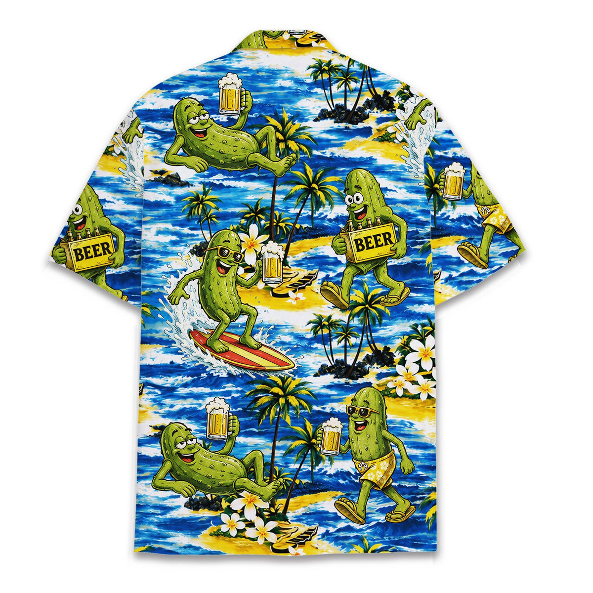 Back view of the tropical beach pickles hawaiian shirt with all-over print