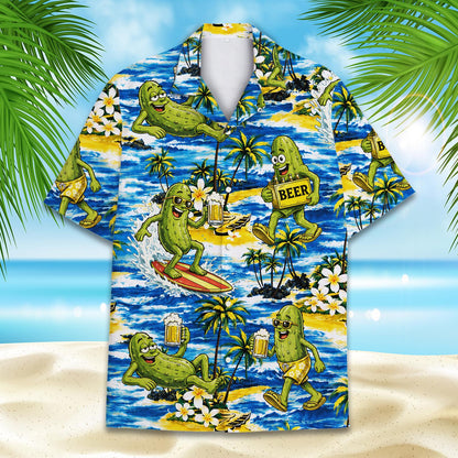 Close up front view of the tropical beach pickles hawaiian shirt button details