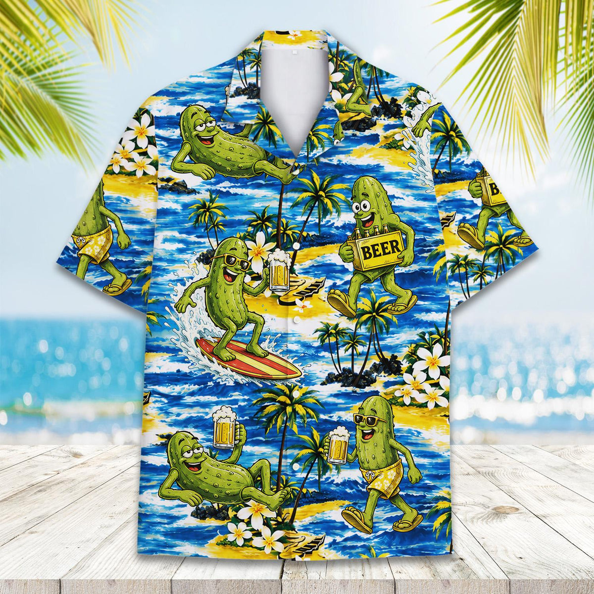 Detailed front view showing palm trees and white flowers on the hawaiian shirt