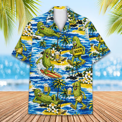 Front view of the vibrant blue and yellow pickle print hawaiian shirt