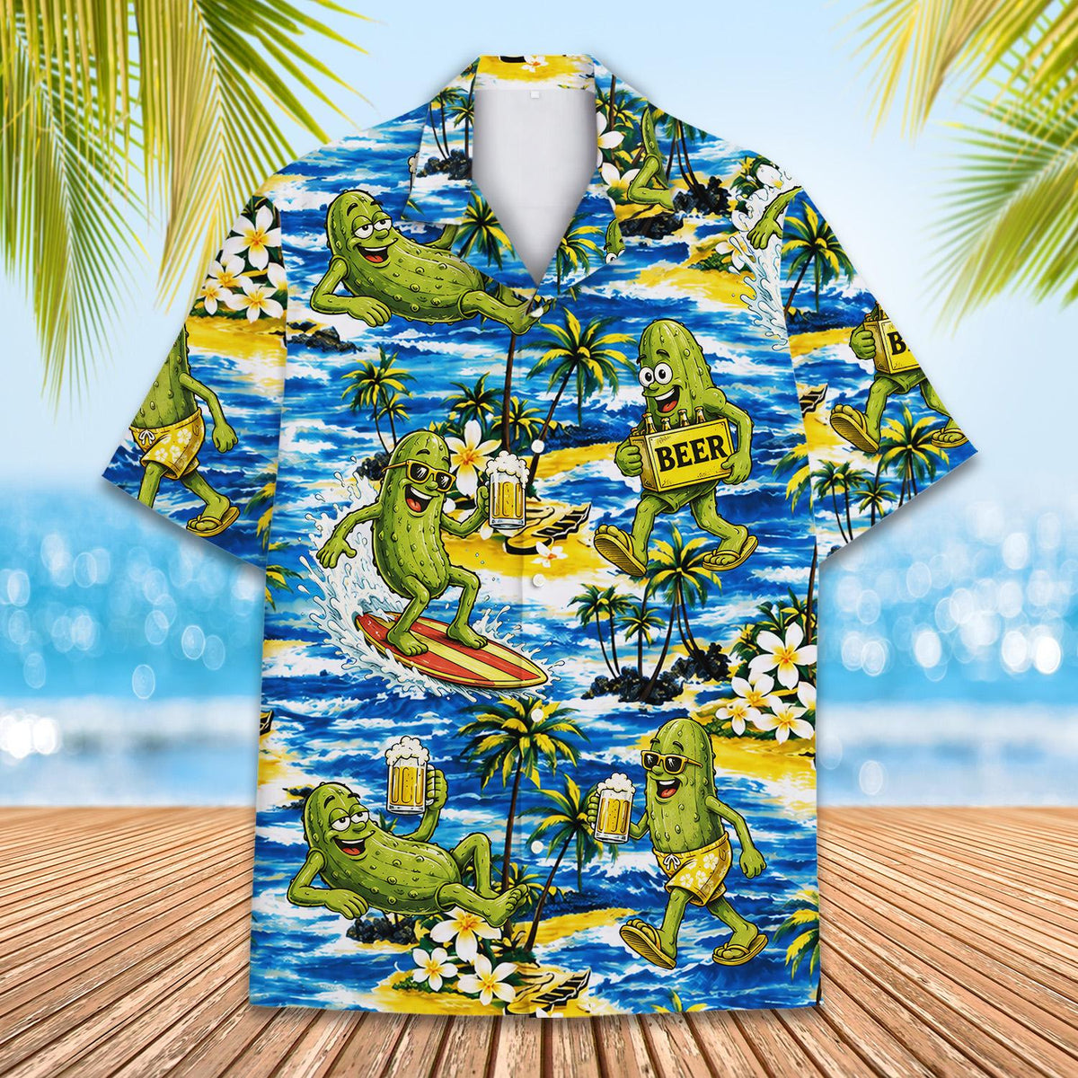 Alternative main view of the tropical beach pickles matching family hawaiian shirt