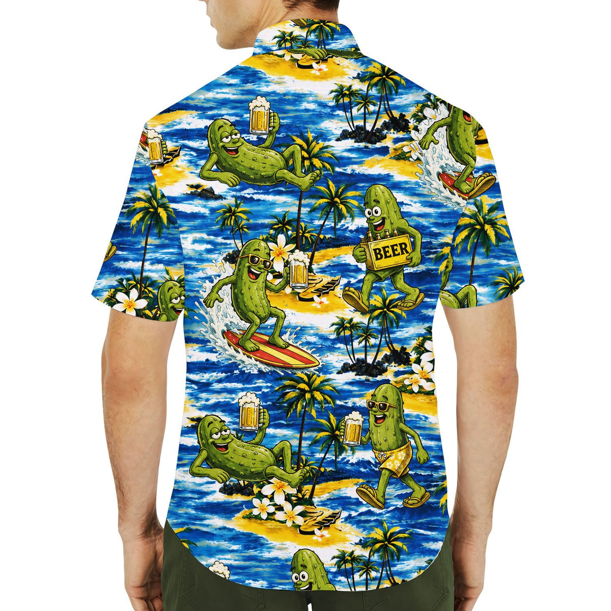 Lifestyle view of a person wearing the tropical beach pickles hawaiian shirt outdoors