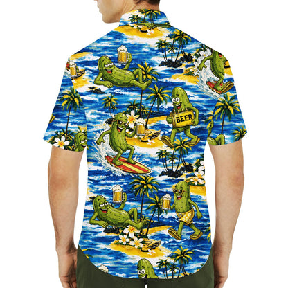 Lifestyle view of a person wearing the tropical beach pickles hawaiian shirt outdoors