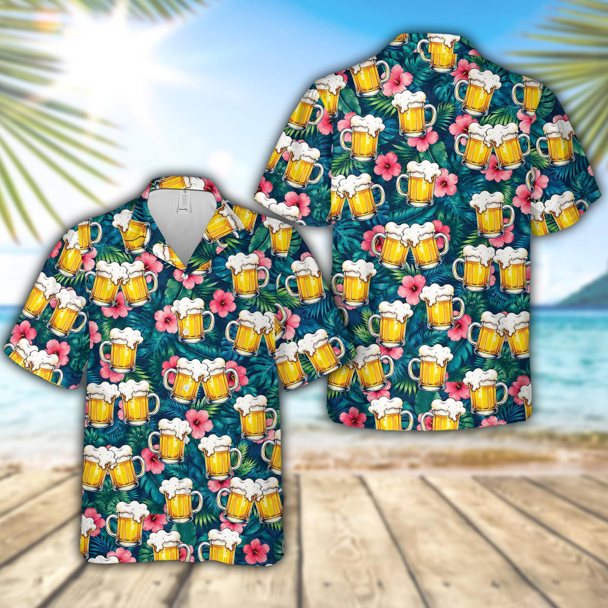 Navy tropical beer hawaiian shirt featuring clinking beer mugs and pink hibiscus flowers, main view