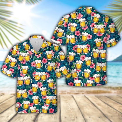 Navy tropical beer hawaiian shirt featuring clinking beer mugs and pink hibiscus flowers, main view