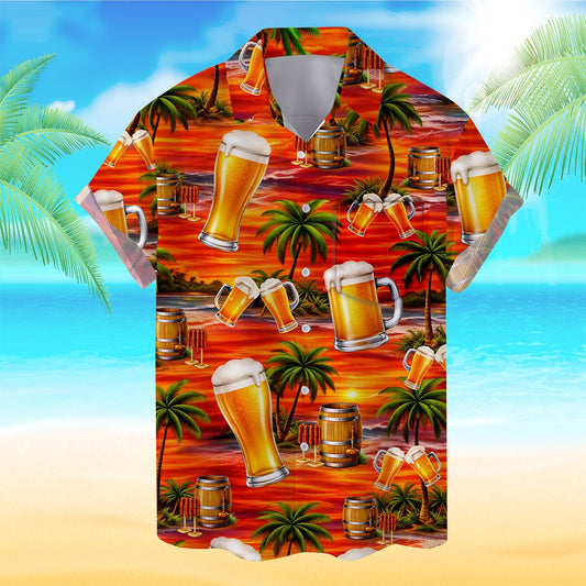 Matching family tropical beer hawaiian shirt with vibrant sunset design, main view