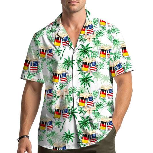 Main front view of tropical beer hawaiian shirt with palm tree pattern