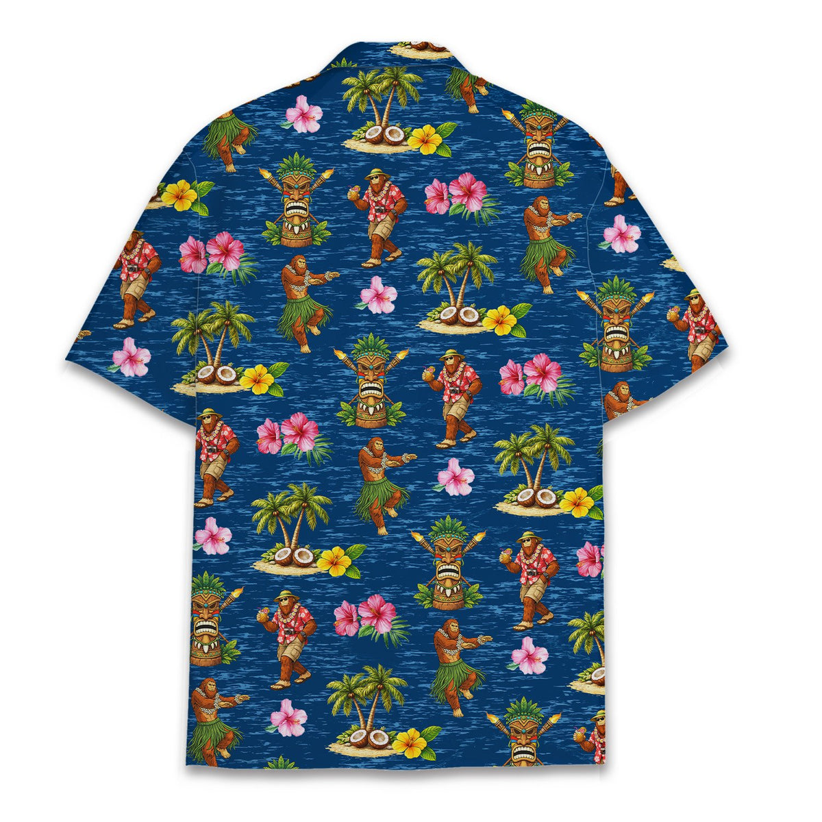 Close-up front view of the tropical big foot design on navy background