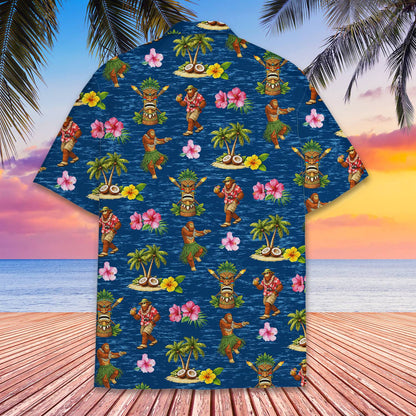 Main view of the tropical big foot matching family hawaiian shirts in navy blue