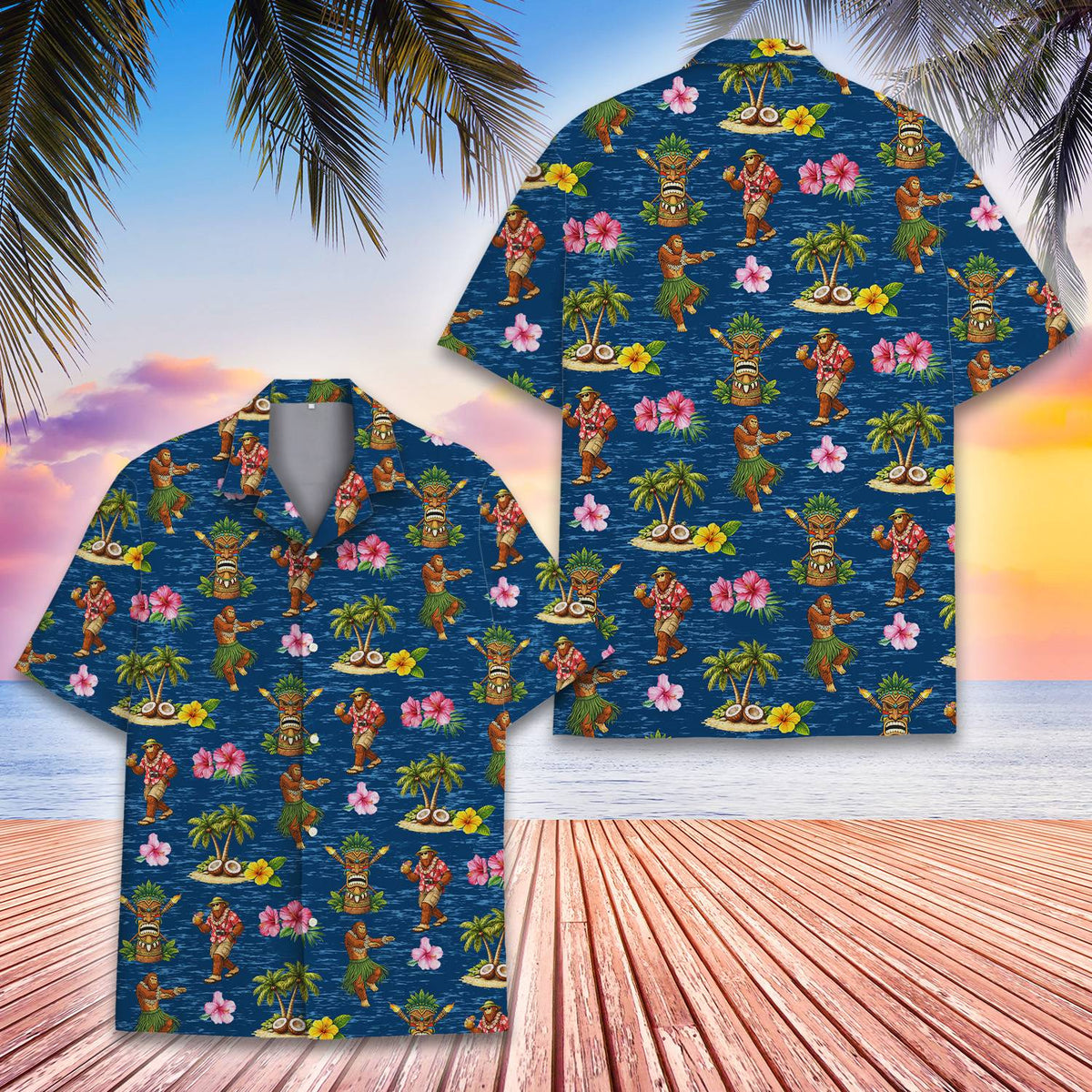 Lifestyle view of a family wearing matching family hawaiian shirts in a tropical setting