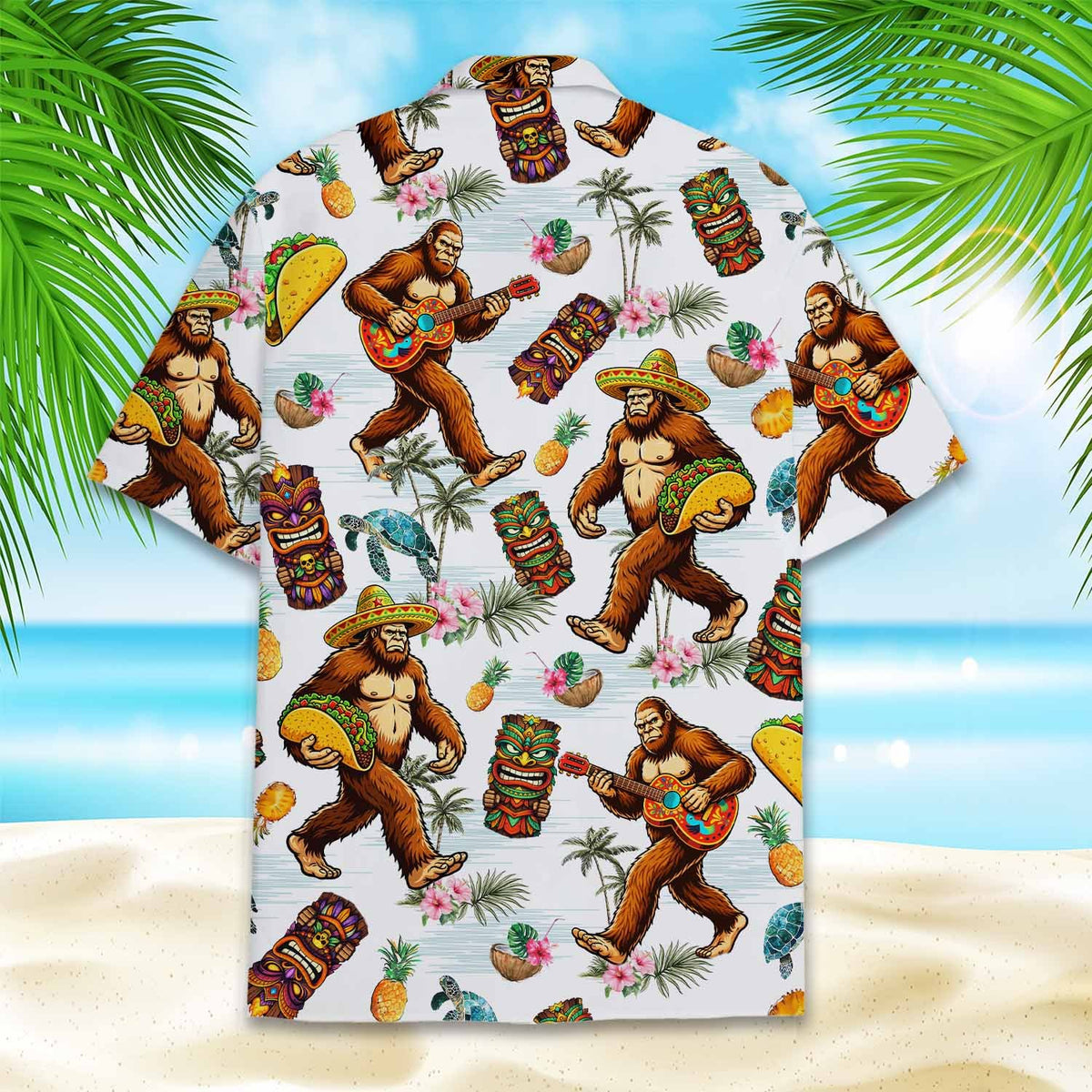 Back view of the tropical big foot hawaiian shirt showing palm trees and sea turtles