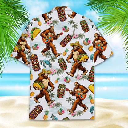 Back view of the tropical big foot hawaiian shirt showing palm trees and sea turtles