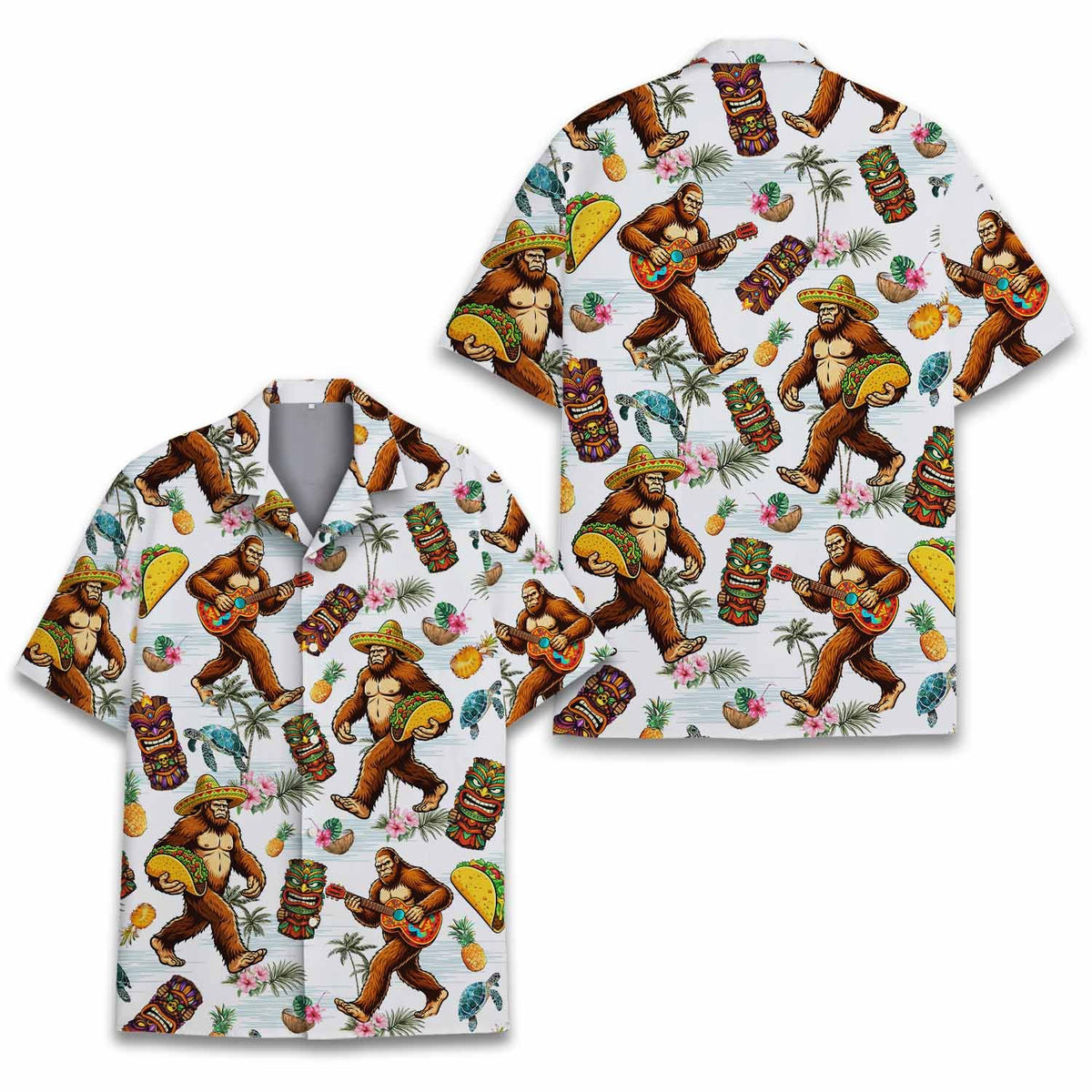 Close-up front view of the big hawaiian shirt with tacos and guitars