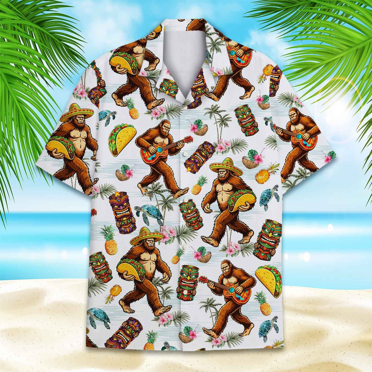 Main view of the tropical big foot hawaiian shirt in white with Bigfoot and tropical graphics