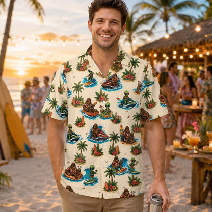 Tropical Bigfoot Alien Hawaiian Shirt, back view showing the fun patterned design